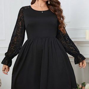 Melo Apparel Plus Size Lace Trim Round Neck Flounce Sleeve Dress